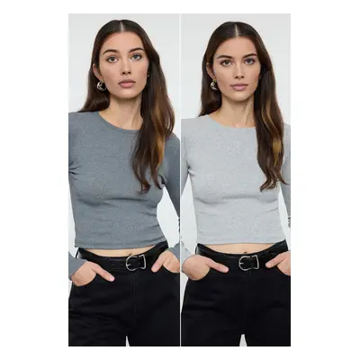 Trendyol Anthracite-Grey Pack Body-Smoothing Crew Neck Ribbed Crop Flexible Knitted Blouse