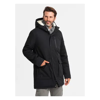 Ombre Męska długa kurtka parka sherpa – black