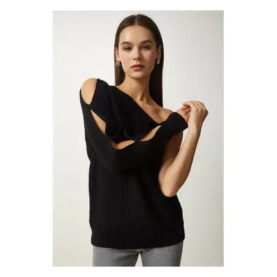 Happiness İstanbul Women's Black Window Detail Single Sleeve Knitwear Sweater