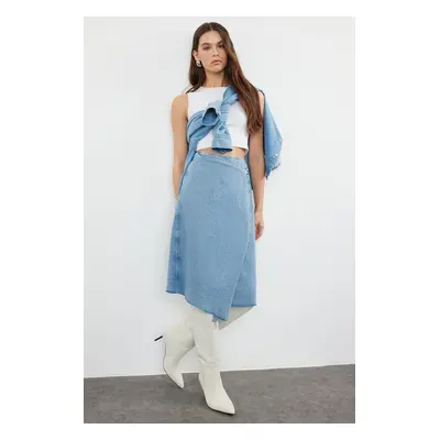 Trendyol Blue Double Breasted Midi Denim Skirt