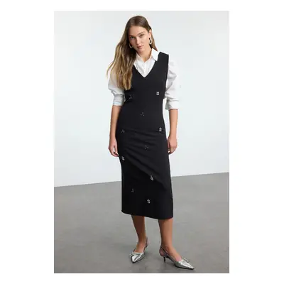 Trendyol Black A-Line V-Neck Stone Embroidered Midi Vest Woven Dress