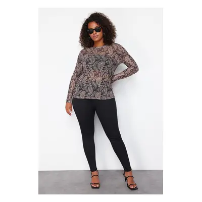 Trendyol Curve Multicolored Paisley Patterned Fitted High Collar Tulle Stretchy Knitted Blouse