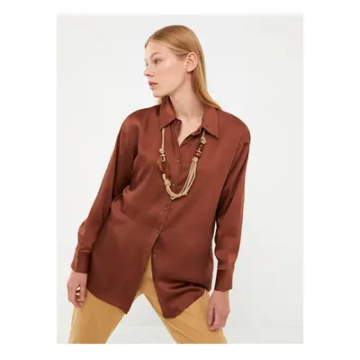 LC Waikiki Plain Long Sleeve Satin Women's Shirt with Front Button Closure