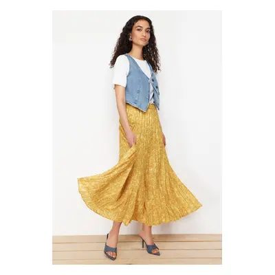 Trendyol Mustard Floral Patterned Pleated Elastic Waist Woven Skirt