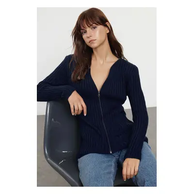 Trendyol Navy Blue Basic Zippered Ribbed Knitwear Cardigan