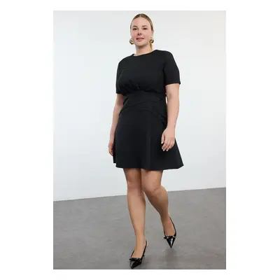 Trendyol Curve Black Short Sleeve Thin Padded Mini Draped Zippered A-Form Woven Dress