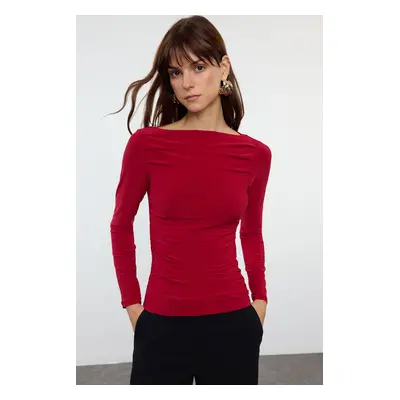 Trendyol Burgundy Boat Neck Draped Fitted Stretchy Knitted Blouse