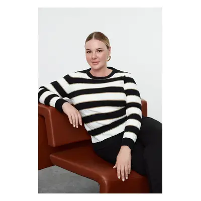 Trendyol Curve Black-Ecru Striped Crew Neck Knitwear Sweater