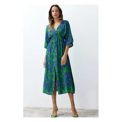 Trendyol Blue Floral Print A-line Double-breasted Collar Midi Woven Dress