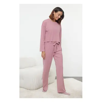 Trendyol Dusty Rose Tie/Bow Detailed Ribbed Knitted Pajama Set