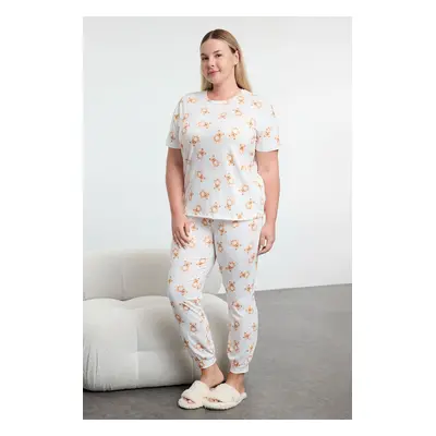 Trendyol Curve Ecru Teddy Bear Patterned Jogger Fit Knitted Pajama Set