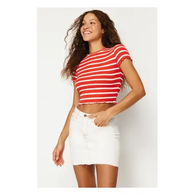 Trendyol Red-White Striped Baby Overlock Detailed Fitted Crop Knitted Blouse