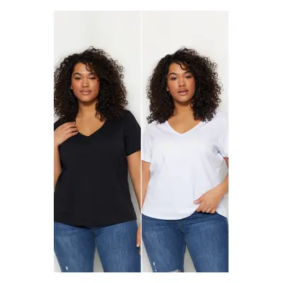 Trendyol Curve Black-White 2-Pack Basic V-Neck 100% Cotton Knitted Plus Size T-Shirt