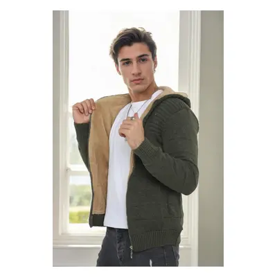 14455 Dewberry Furry Hooded Mens Sports Slim Fit Cardigan-Khaki