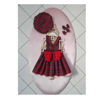 N7995 Dewberry Baby Plaid Salopette Dress & Hat & Buckle Set-RED