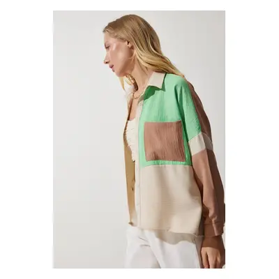 Happiness İstanbul Women's Beige Green Color Block Color Linen Shirt