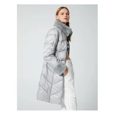 Koton Long Puffer Coat Belted Faux Für Detailed With Pocket