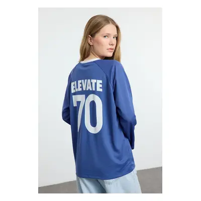 Trendyol Blue Slogan Printed Polo Collar Oversize/Wide Pattern Knitted T-Shirt