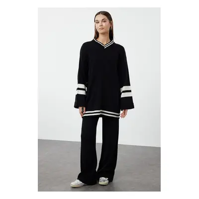 Trendyol Black Color Block Striped Knitwear Top-Bottom Skirt Sweater Suit