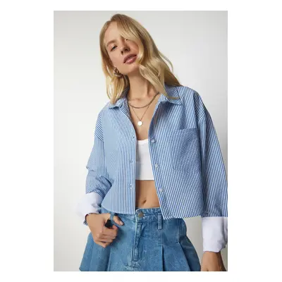 Happiness İstanbul Women's Sky Blue Pinstripe Crop Shirt