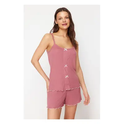 Trendyol Corded Knitted Pajama Set with Dusty Rose Ribbon/Bow Detail and Rope Strap