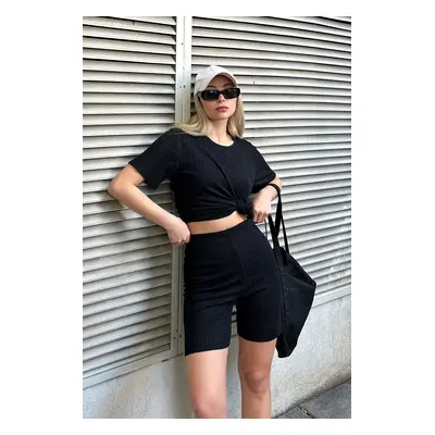 Trend Alaçatı Stili Women's Black Crew Neck Shorts Double Suit