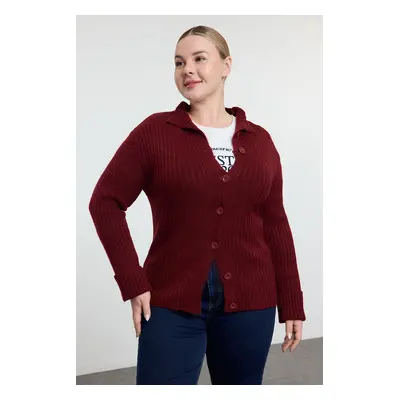 Trendyol Curve Claret Red Soft Textured Stand Collar Knitwear Cardigan