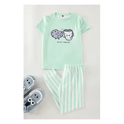 Trendyol Mint Girls Printed Pajama Set Knitted Bottom-Top Set