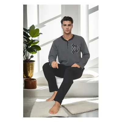 J3084 Dewberry Mens Two Thread Thick Long Sleeve Pyjama Set-GREY