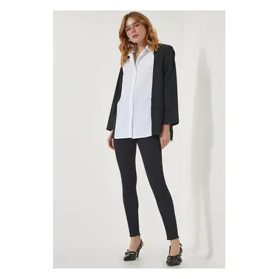 Happiness İstanbul Women's Black and White Jacket Look Oversize Design Shirt