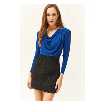 Olalook Women's Saxe Blue Waistband Pleated Turndown Collar Blouse