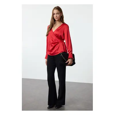 Trendyol Dark Red Satin Double Breasted Woven Blouse