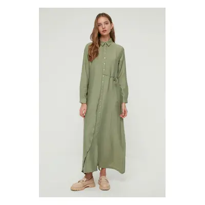 Trendyol Green Side-Tie Buttoned Woven Shirt Linen Look Dress