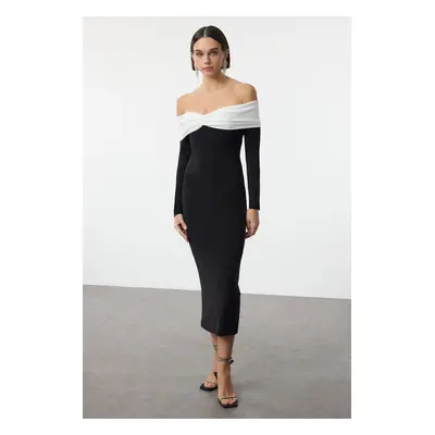 Trendyol Black-White Carmen Collar Detailed Knitted Wedding/Marriage Elegant Evening Dress