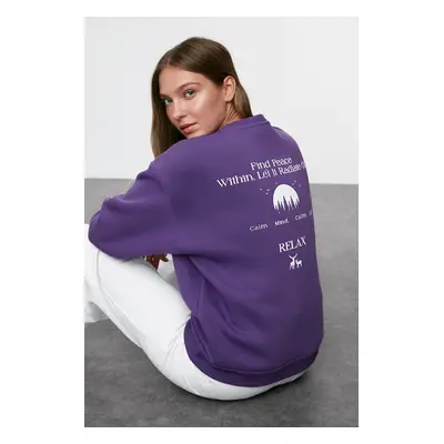 Trendyol Purple Oversize/Wide Pattern Slogan Printed Thick Polar Fleece Knitted Sweatshirt