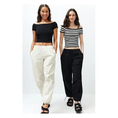 Trendyol 2-Pack Black And White Striped-Black Plain Carmen Collar Crop Stretchy Knitted Blouse