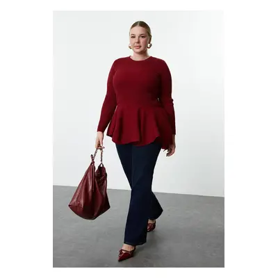 Trendyol Curve Claret Red Ribbed Hem Flounced Knitwear Blouse