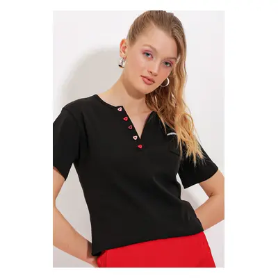 Bigdart Women's Black Button Detailed Short Sleeve T-Shirt