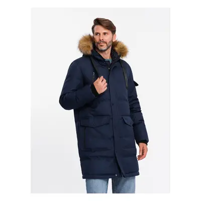 Ombre Men's long warm parka hooded jacket - navy blue