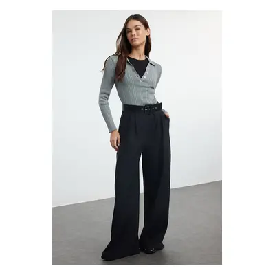 Trendyol Black Wide Leg Belted Fabric Trousers