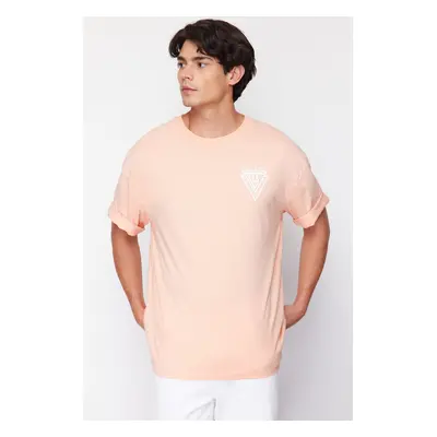 Trendyol Dusty Rose Oversize/Wide Cut Crew Neck City Printed 100% Cotton T-Shirt