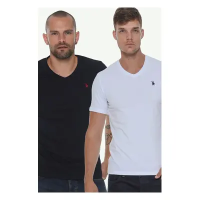 DOUBLE SET T8568 DEWBERRY V-NECK MEN'S T-SHIRT-WHITE - NAVY BLUE