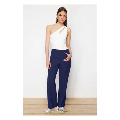 Trendyol Navy Blue Ribbed High Waist Straight Cut Woven Trousers