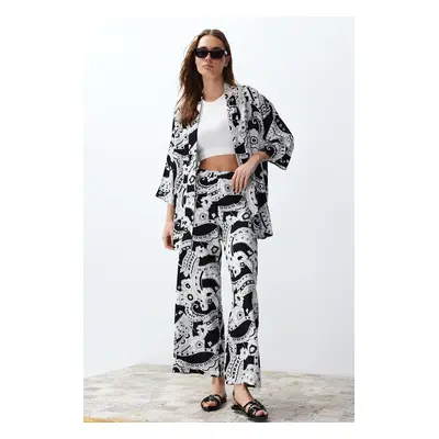 Trendyol Black Patterned Woven Kimono-Pants Set