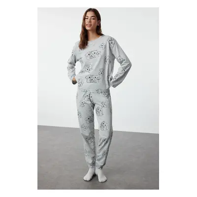 Trendyol Gray Melange Cotton Animal Pattern Knitted Pajama Set