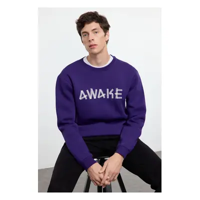 Trendyol Purple Oversize/Wide CutInside Fleece/Warm Text Embroidered Sweatshirt