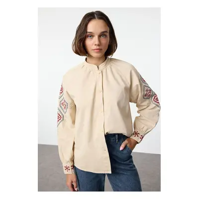 Trendyol Ecru Embroidered Oversize Denim Shirt