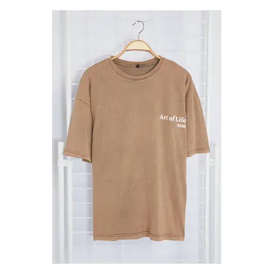 Trendyol Brown Oversize/Wide Cut Faded Effect Text Printed 100% Cotton T-Shirt