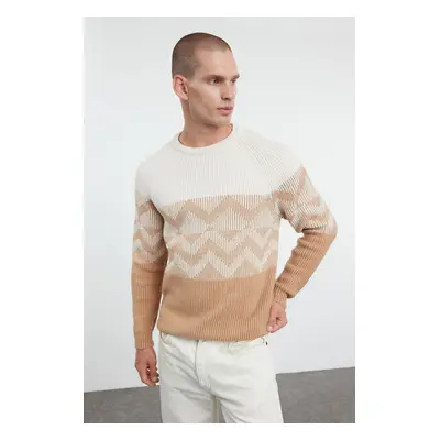 Trendyol Camel Regular Crew Neck Ethnic Knitwear Sweater