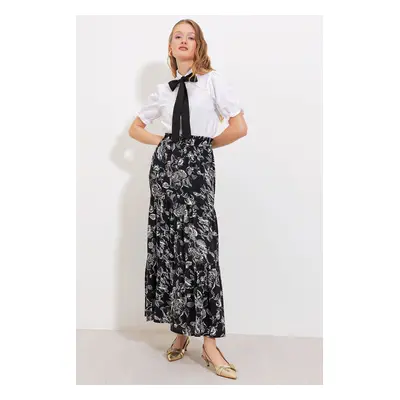 Bigdart Women's Black Patterned Long Viscose Skirt